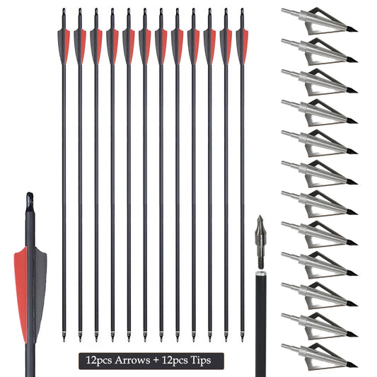 12pcs 31.5'' Mixed Carbon Arrows with 12pcs Replaceable Arrow Heads